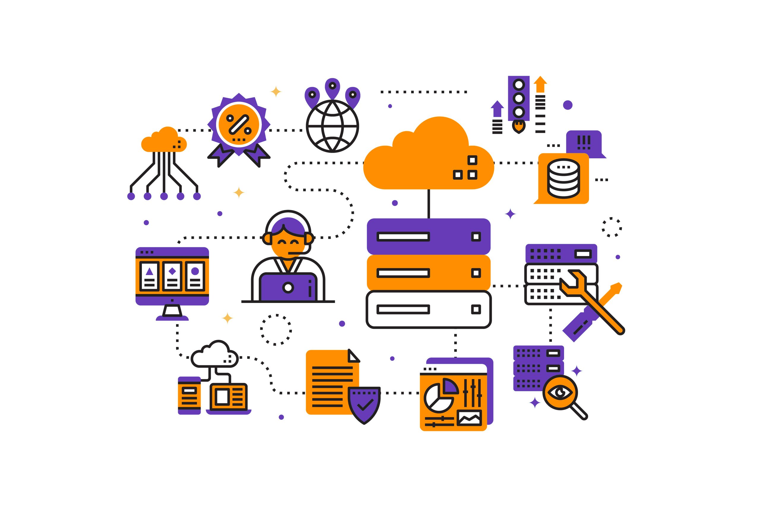 Illustrazione grafica con diverse icone di supporto e assistenza clienti